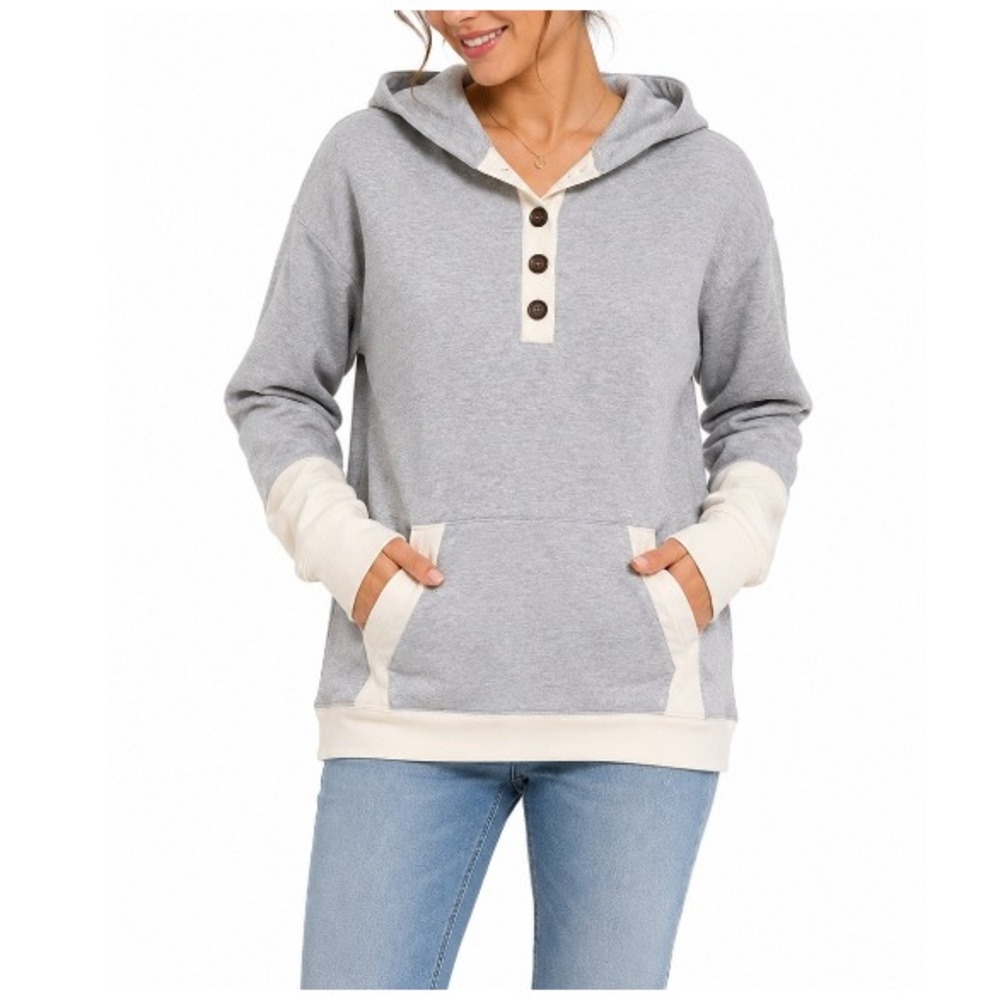 Heimish USA Women's Gray Reverse Knit Henley‎ Hooded Top Size S NWT